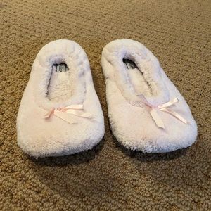 Pink fuzzy terry cloth slippers